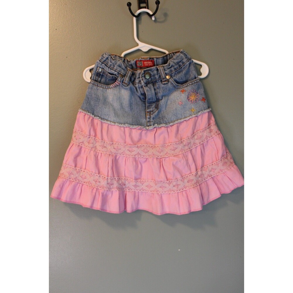 Faded Glory Vintage Denim Tiered Pink Girls Size 6 Embroidered